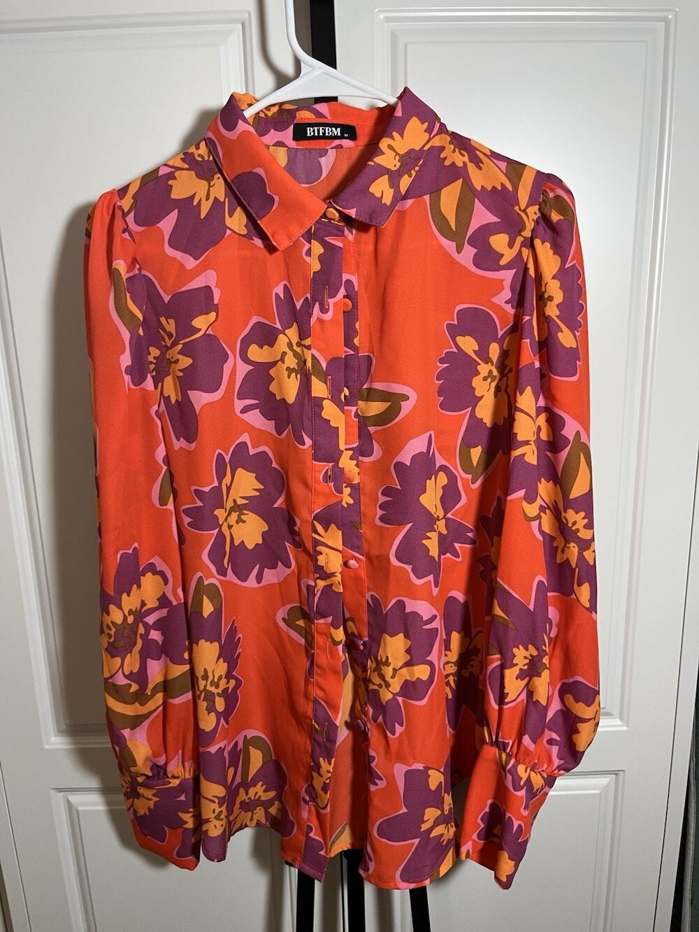 BTFBM Orange Floral Blouse Wide Cuff Sleeve Size Medium